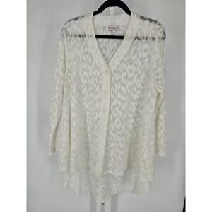 Bella Sky Women's White Lace Long Sleeve Button-Up V-neck  Long Back Top Size XL